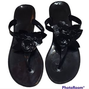 Solid Black Floral Flip Flops, NEW